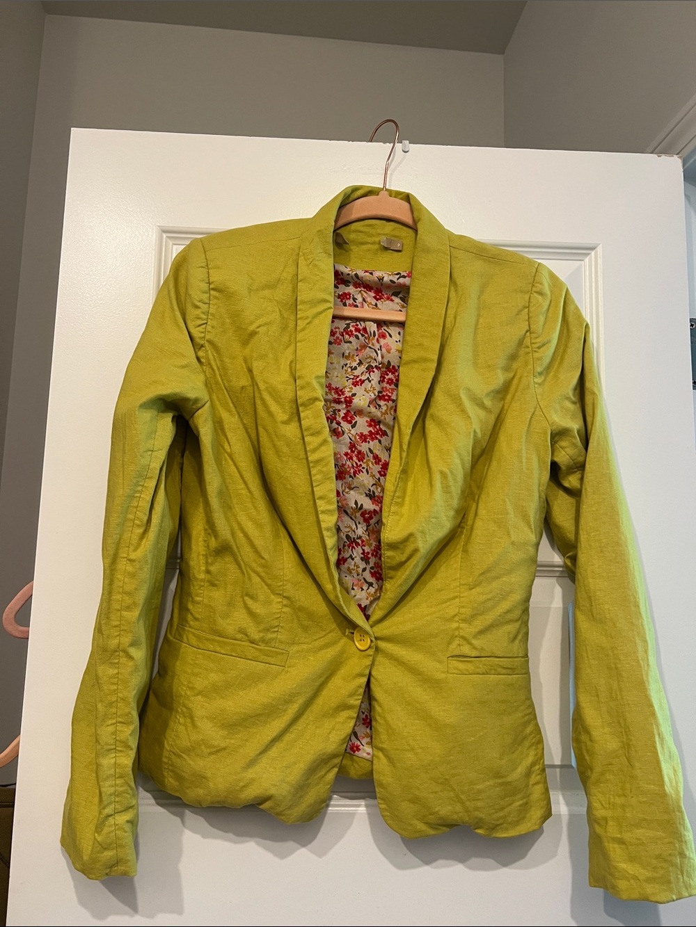 Beginning Boutique Chartreuse Single-Button Blazer with Floral Lining